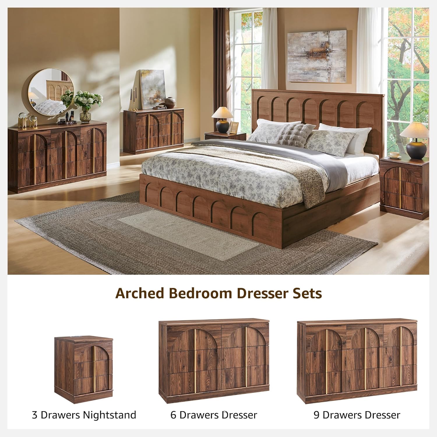 Arched Dresser for Bedroom with 6 Drawers, 47.3" Wide Modern Chest of Drawers with Rounded Edge & Metal Handles