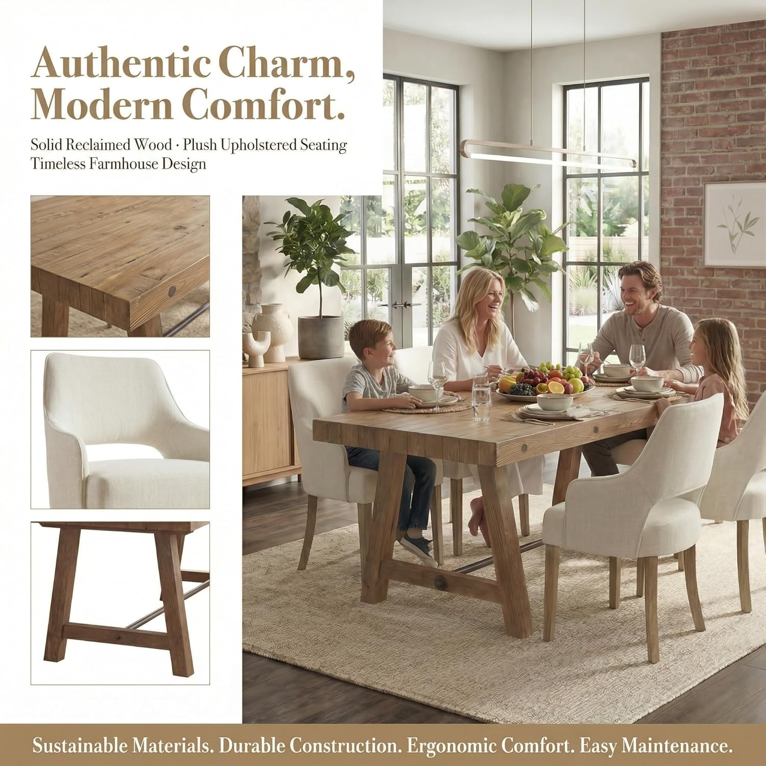 7-Piece Farmhouse Wooden Dining Room Table Set for 6, 59" Reclaimed Wood Dining Table