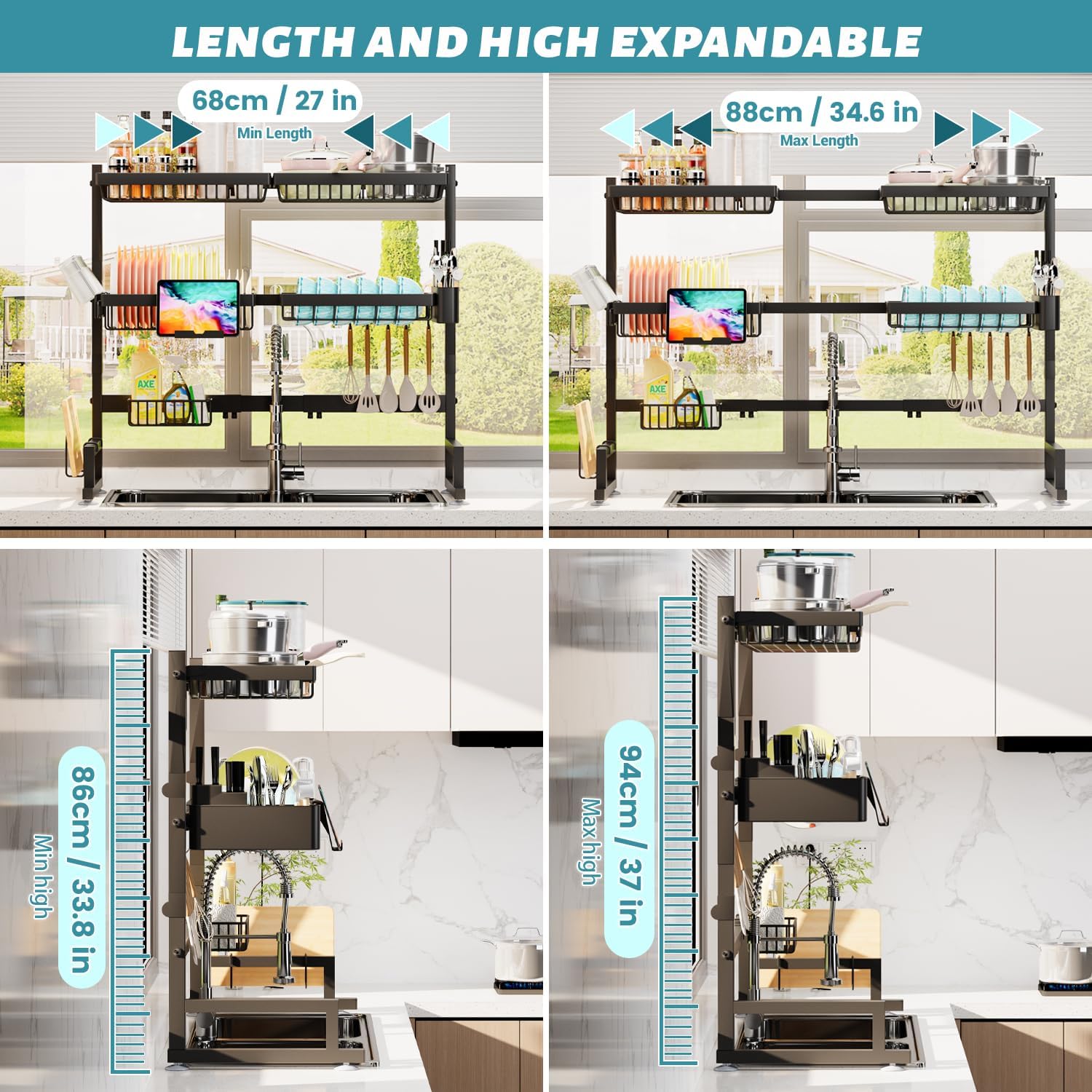 ADBIU Over The Sink Dish Drying Rack (Expandable Height and Length)