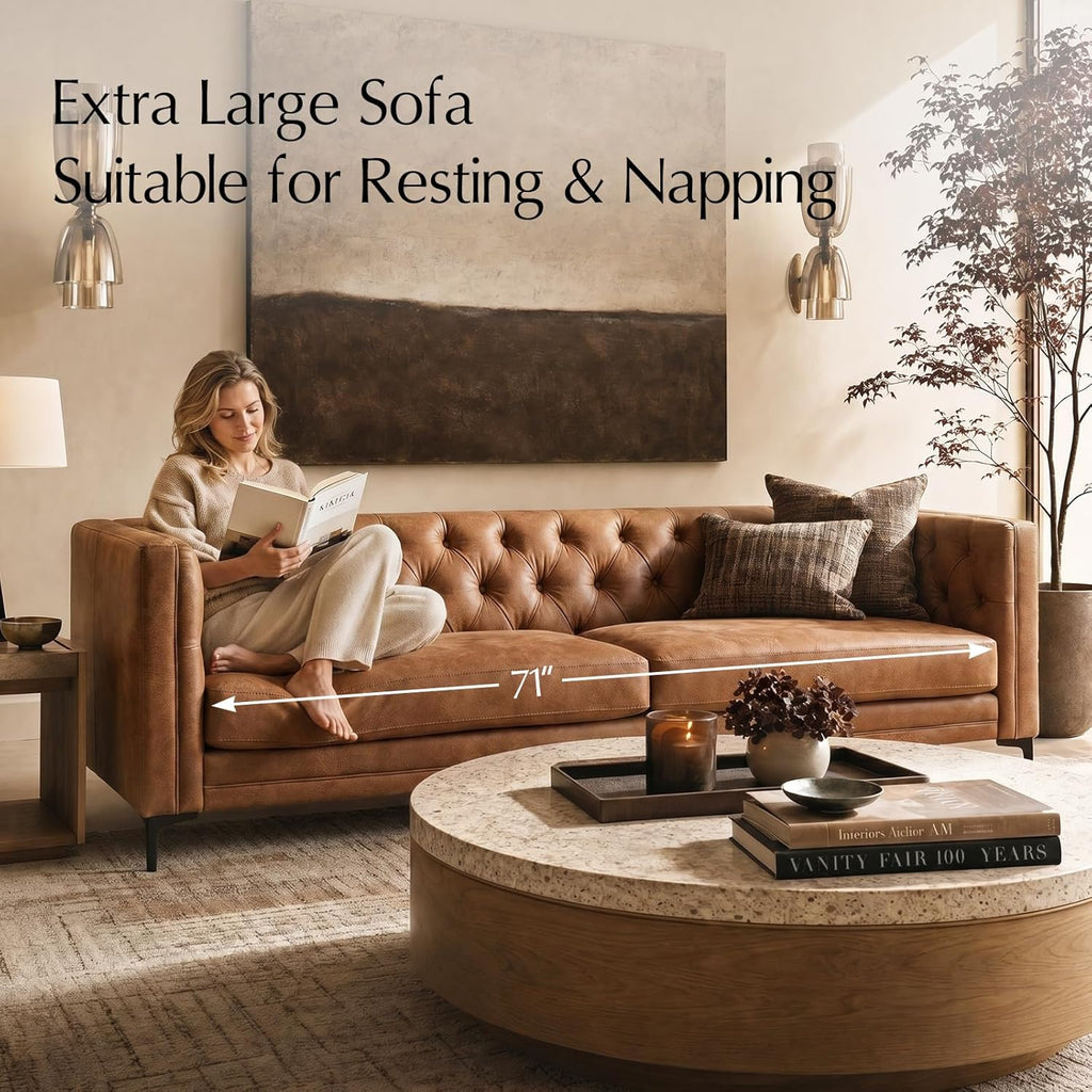 HULALA HOME 84" W Faux Leather Sofa Couch with Metal Legs, Button-Tufted 3-Seater Sofa