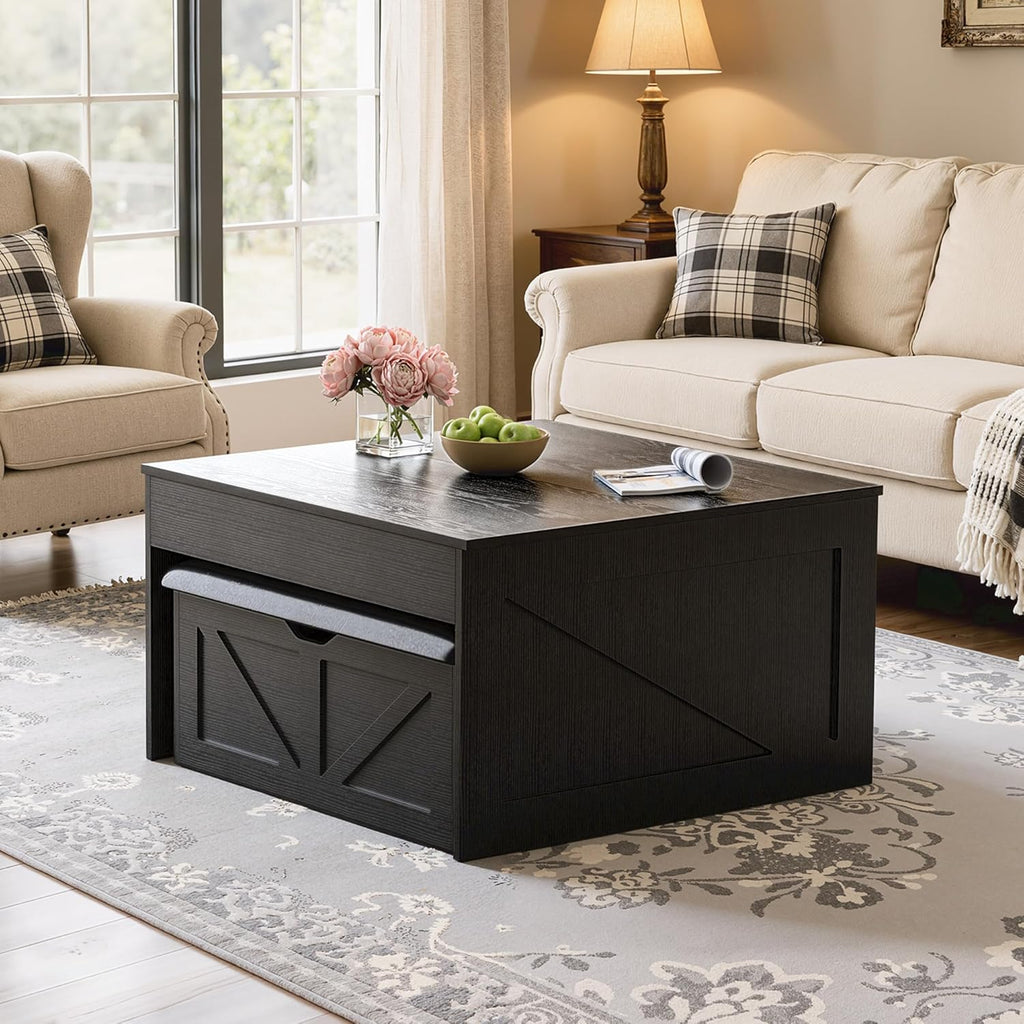 Lift Top Coffee Tables with Storage Hidden Compartment, 31.5 Farmhouse Coffee Tables with Bench, Center Table