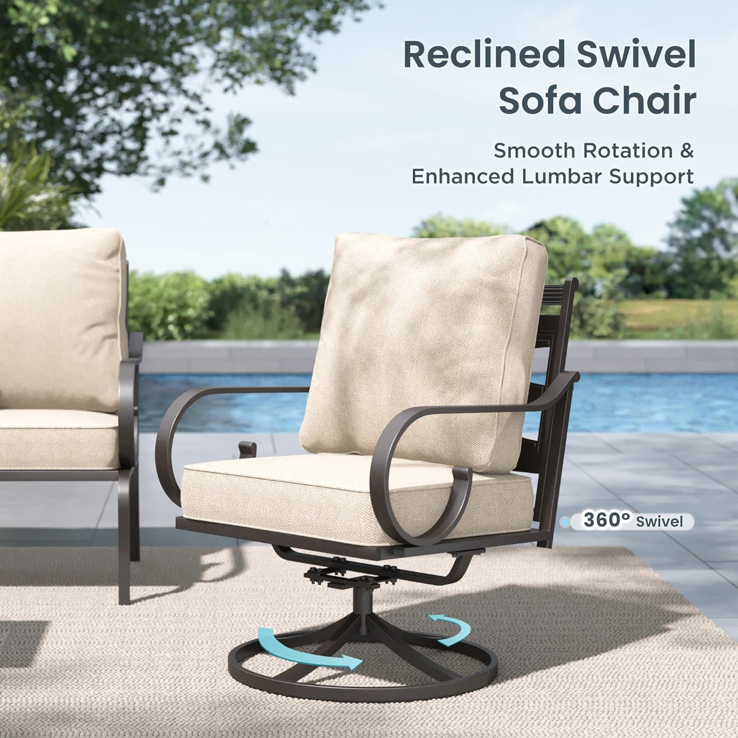 PHI VILLA Patio Furniture Set, 3-Seater Sofa, 4 Swivel Chairs and a Coffee Table, Outdoor Metal
