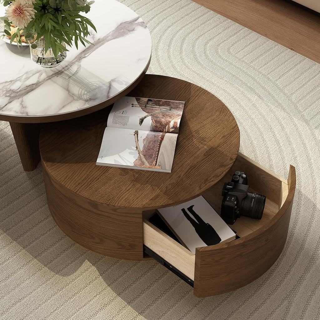 Lartis Coffee Table Set 2 - Walnut Coffee Table with Drawer and Stools - Sintered Stone Tabletop Modern