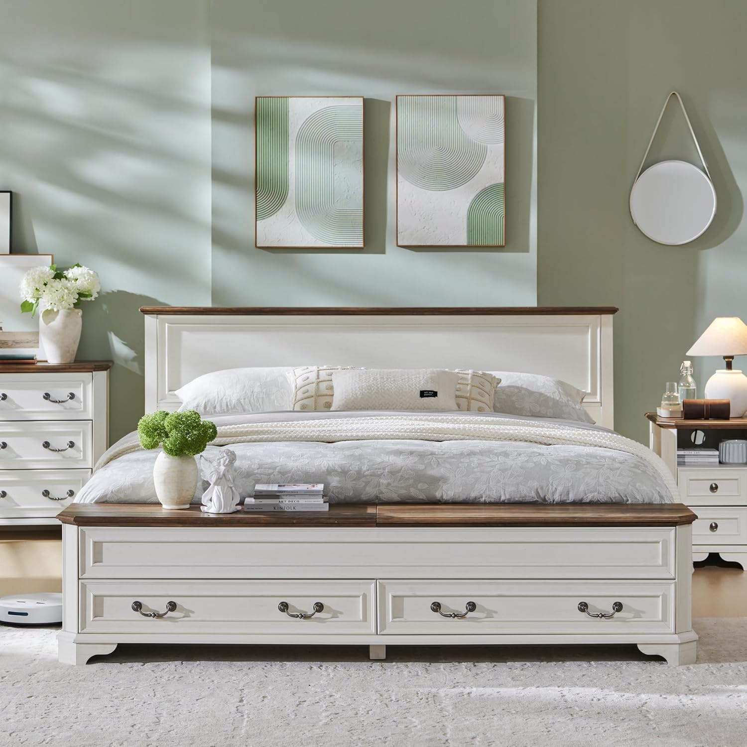 Aitjunz Farmhouse King Size Bed Frame with 51" Tall Headboard, Wood Platform Bed Frame with 20"