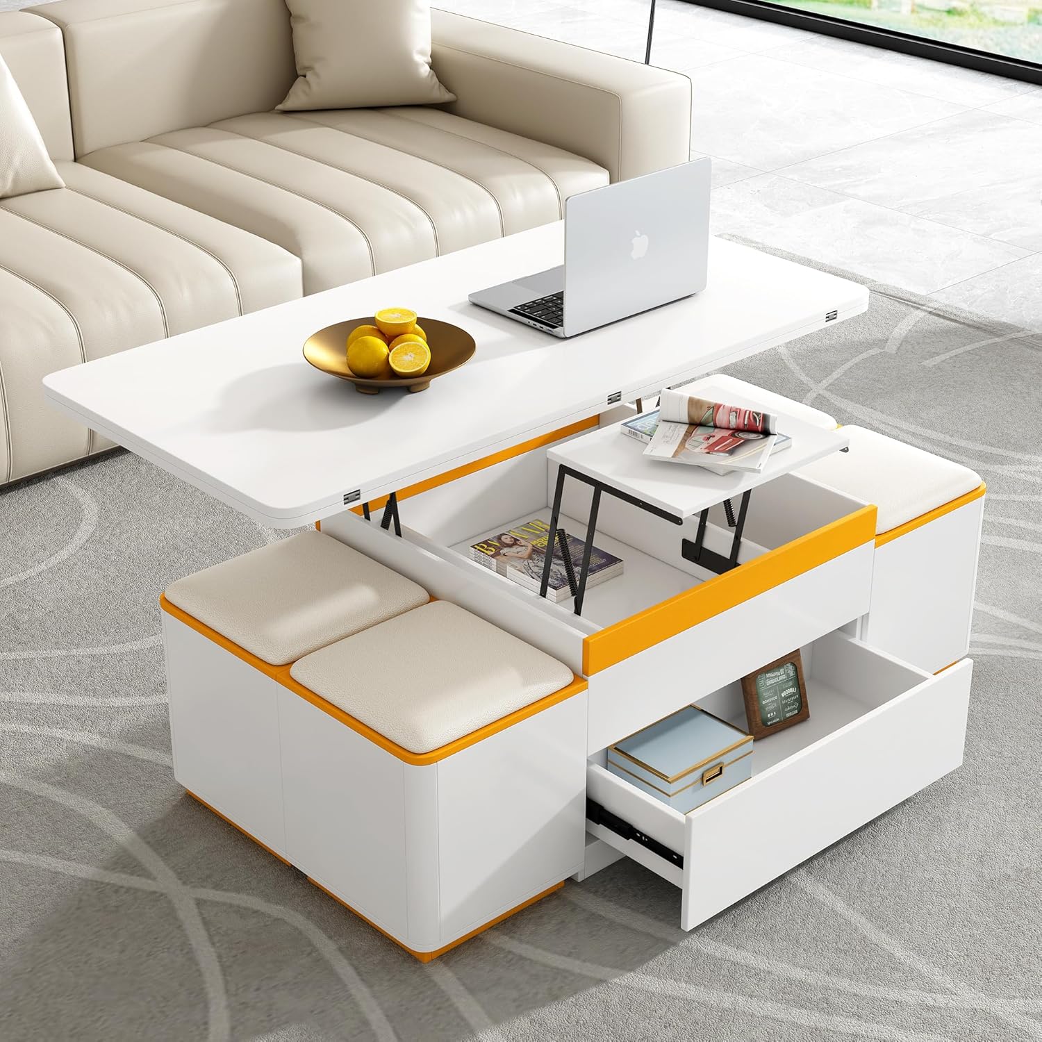 Merax Lift Top Coffee Table with 4 Storage Stools for Living Room