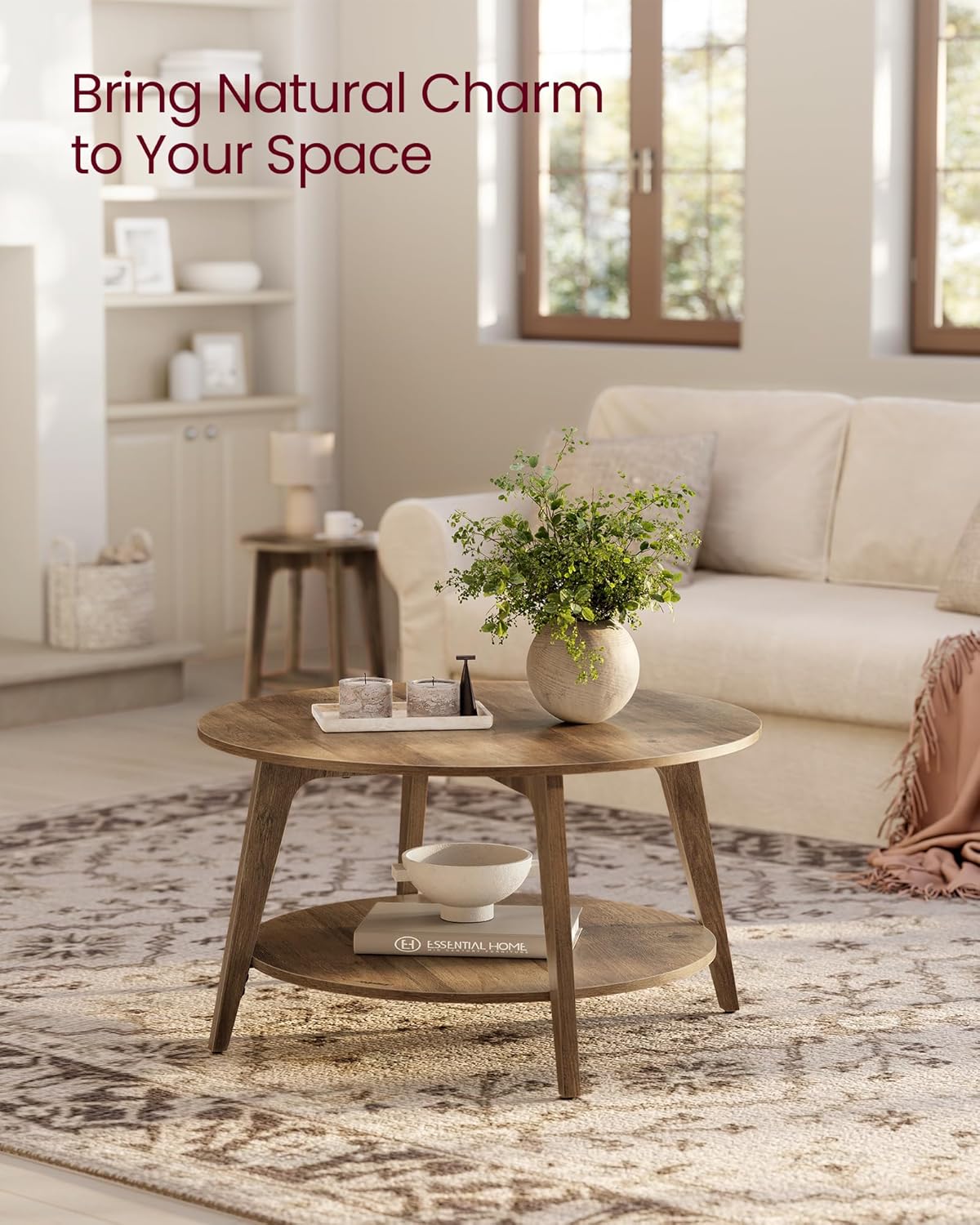 VASAGLE MAEZO Collection - Round Coffee Table, 2-Tier Center Table with Storage, Tapered Legs