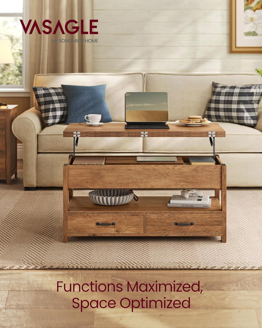 VASAGLE Coffee Table Lift Top, 3 in 1 Center Table with Storage