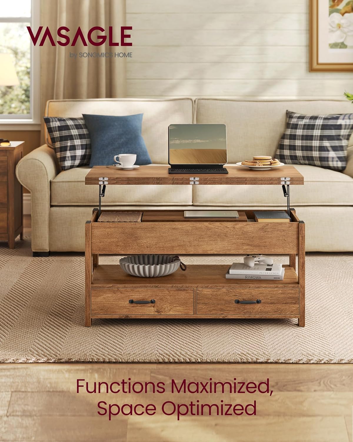VASAGLE Coffee Table Lift Top, 3 in 1 Center Table with Storage