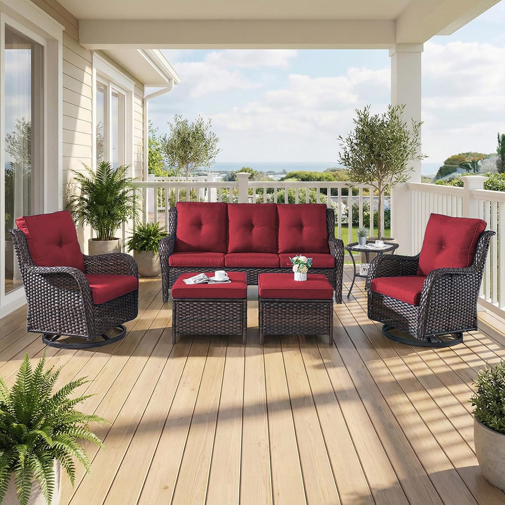 6 Piece Patio Furniture Set with Ottoman - All Weather Patio Conversation Set with 4 Inch Thick Cushions