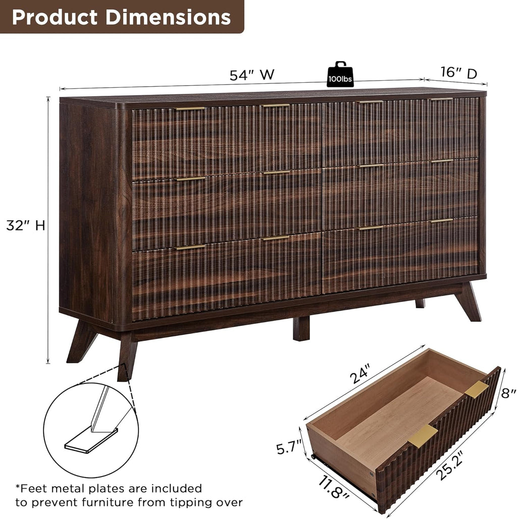 T4TREAM Fluted 6 Drawers Dresser, 54" Wide Modern Chest of Drawers