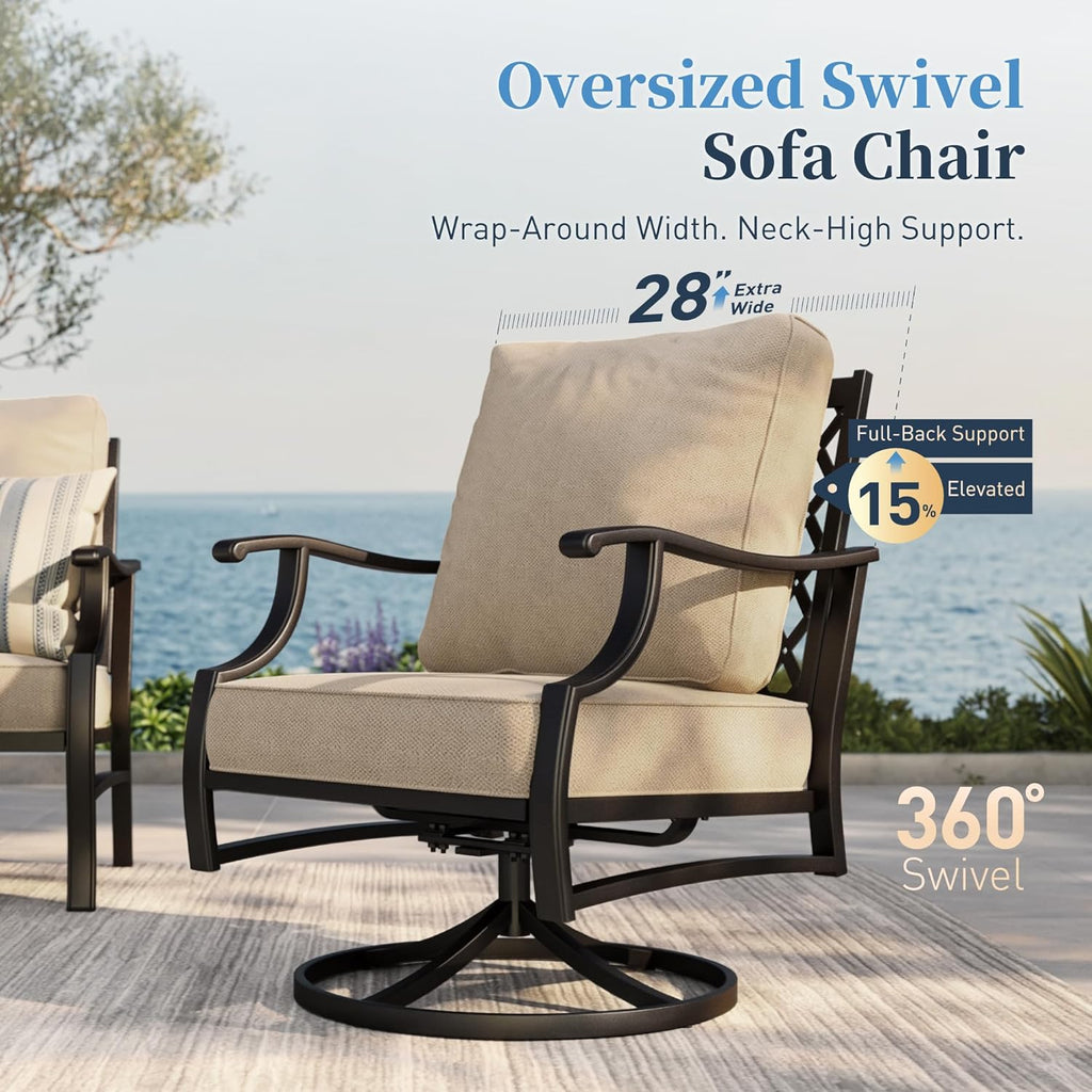 Patio Furniture Set, Modern Metal Outdoor Patio Furniture, 3 Seater Sofa, 2 Swivel Chairs, 2 Ottomans