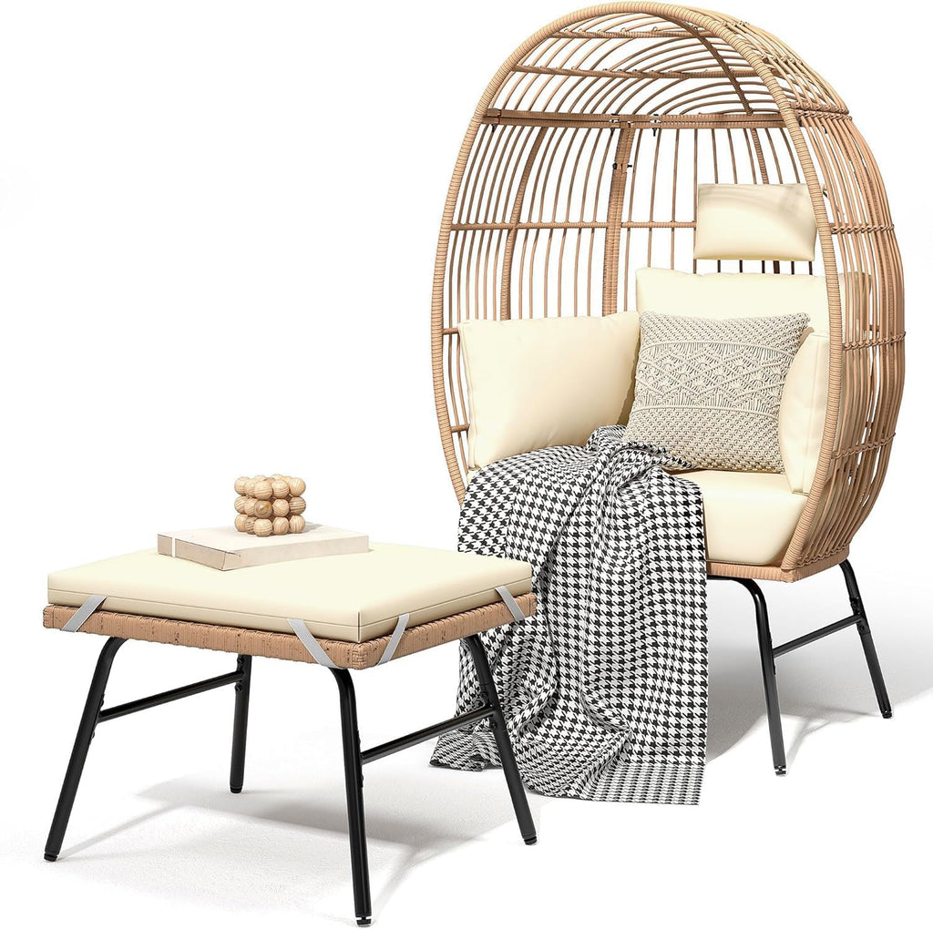YITAHOME Accent Living Room Egg Chair w/ 2-in-1 Ottoman, Wicker Oversized Basket Chair
