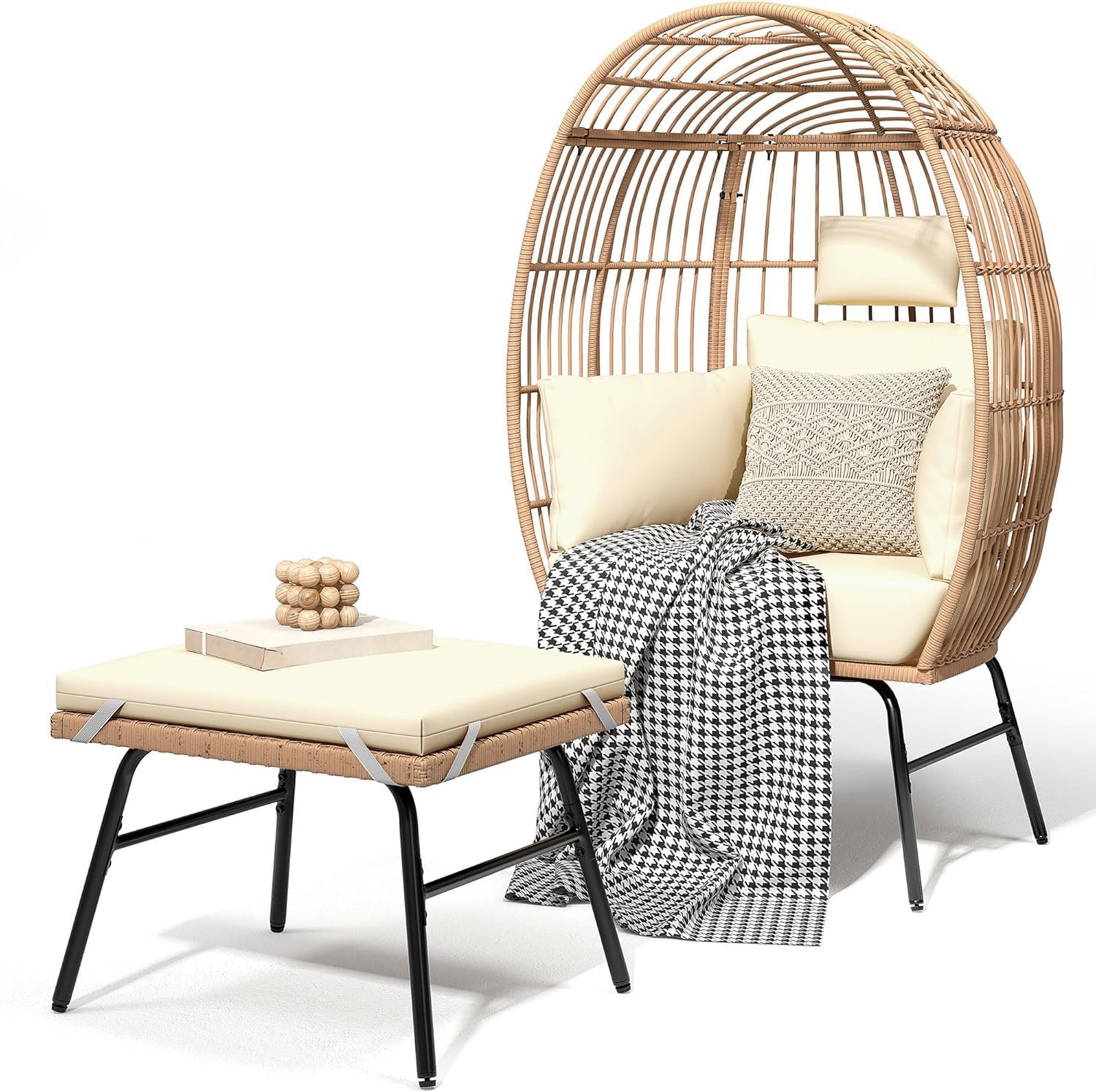 YITAHOME Accent Living Room Egg Chair w/ 2-in-1 Ottoman, Wicker Oversized Basket Chair