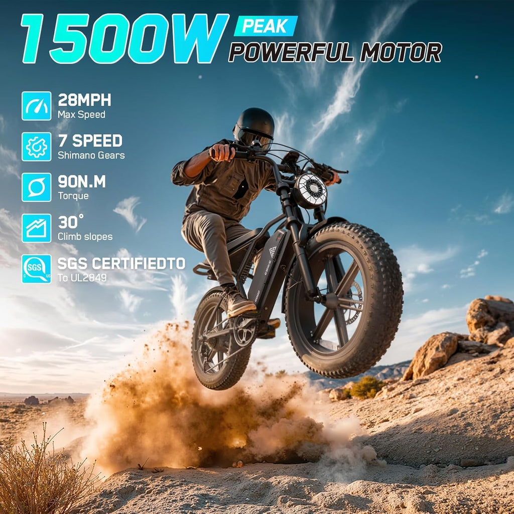 TST Electric Bike for Adults, 1500W Peak Motor 60 Miles Fat Tire Ebike with 48V 15Ah