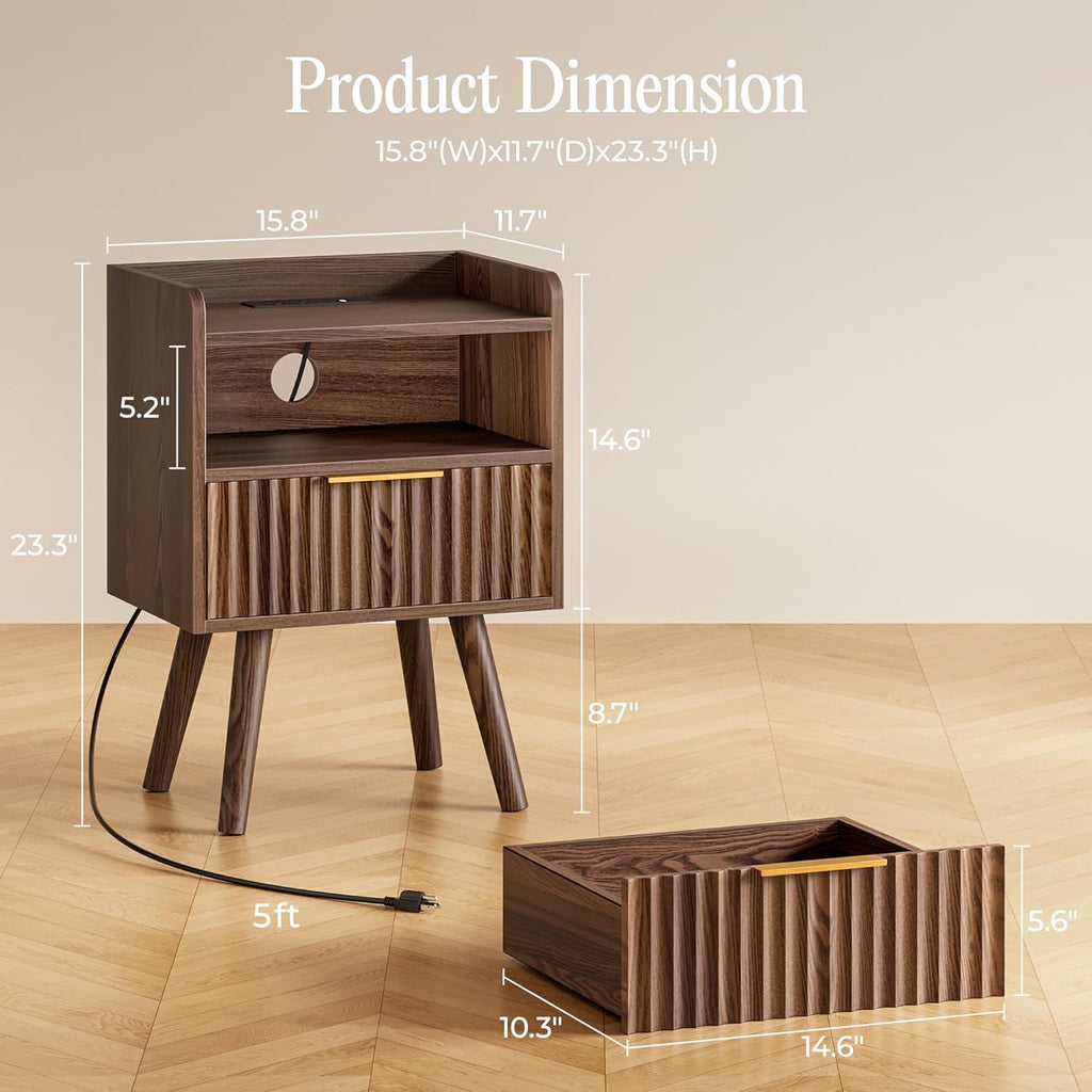 Huuger Nightstand with Charging Station, USB-C Port, Fluted Night Stand Set of 2