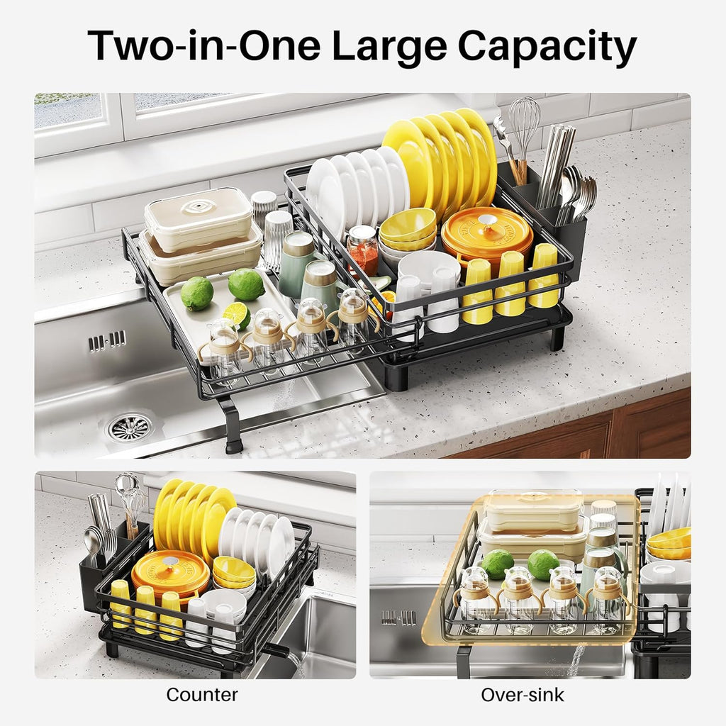 SNTD Dish Drying Rack - Extendable Dish Rack, Large Sink Drying Dish Drainer for Kitchen Counter