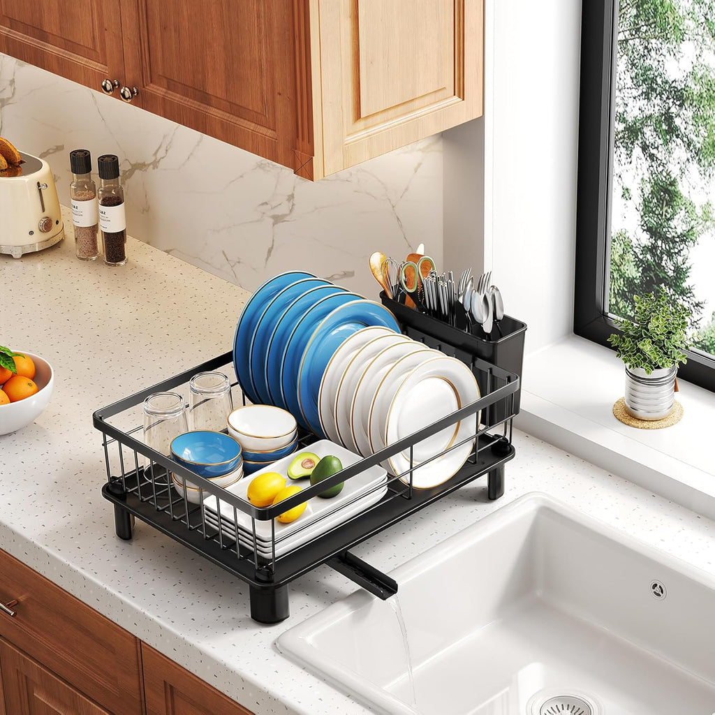 SNTD Dish Drying Rack - Space-Saving Dish Rack for Kitchen Counter, Stainless Steel Dish Drainer with Utensil Holder and Drainboard
