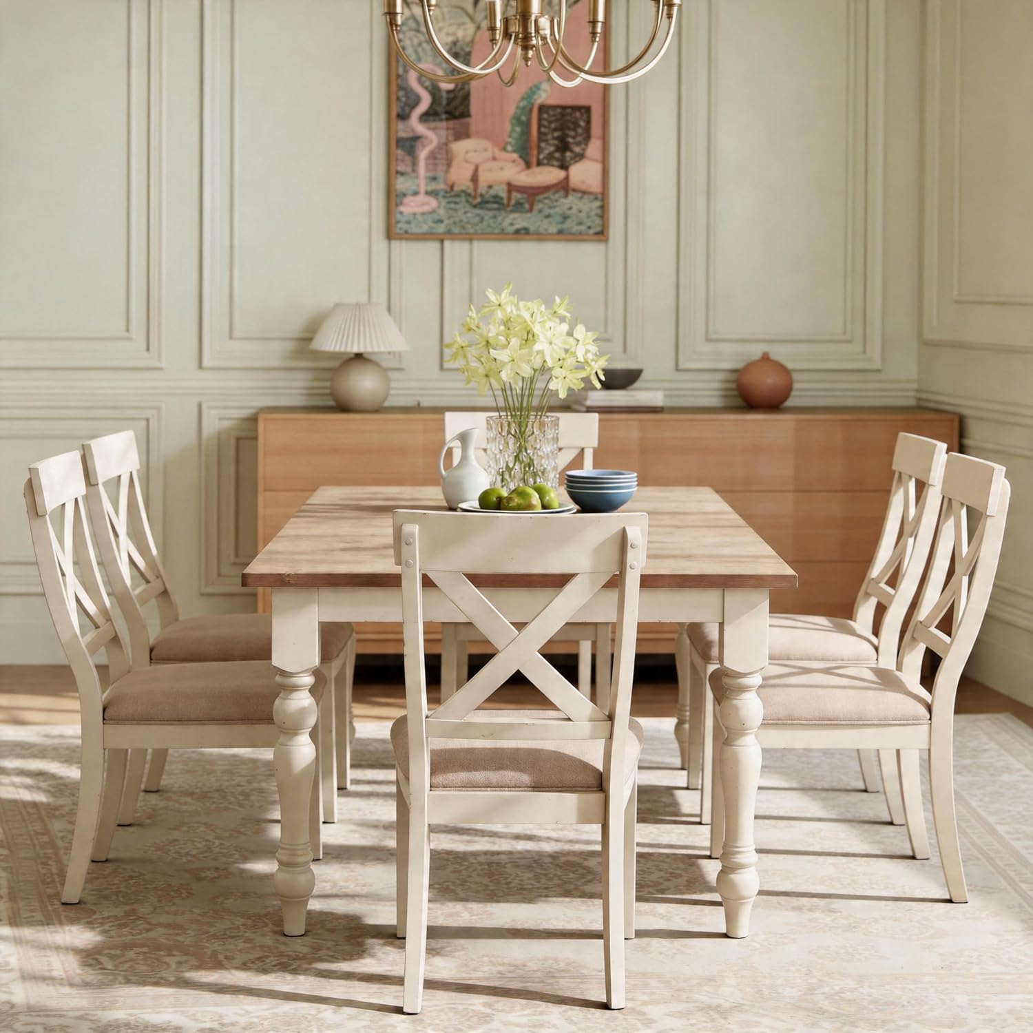 Roundhill Furniture Prato 7-Piece Dining Table Set with Cross Back Chairs, Antique White and Distressed Oak