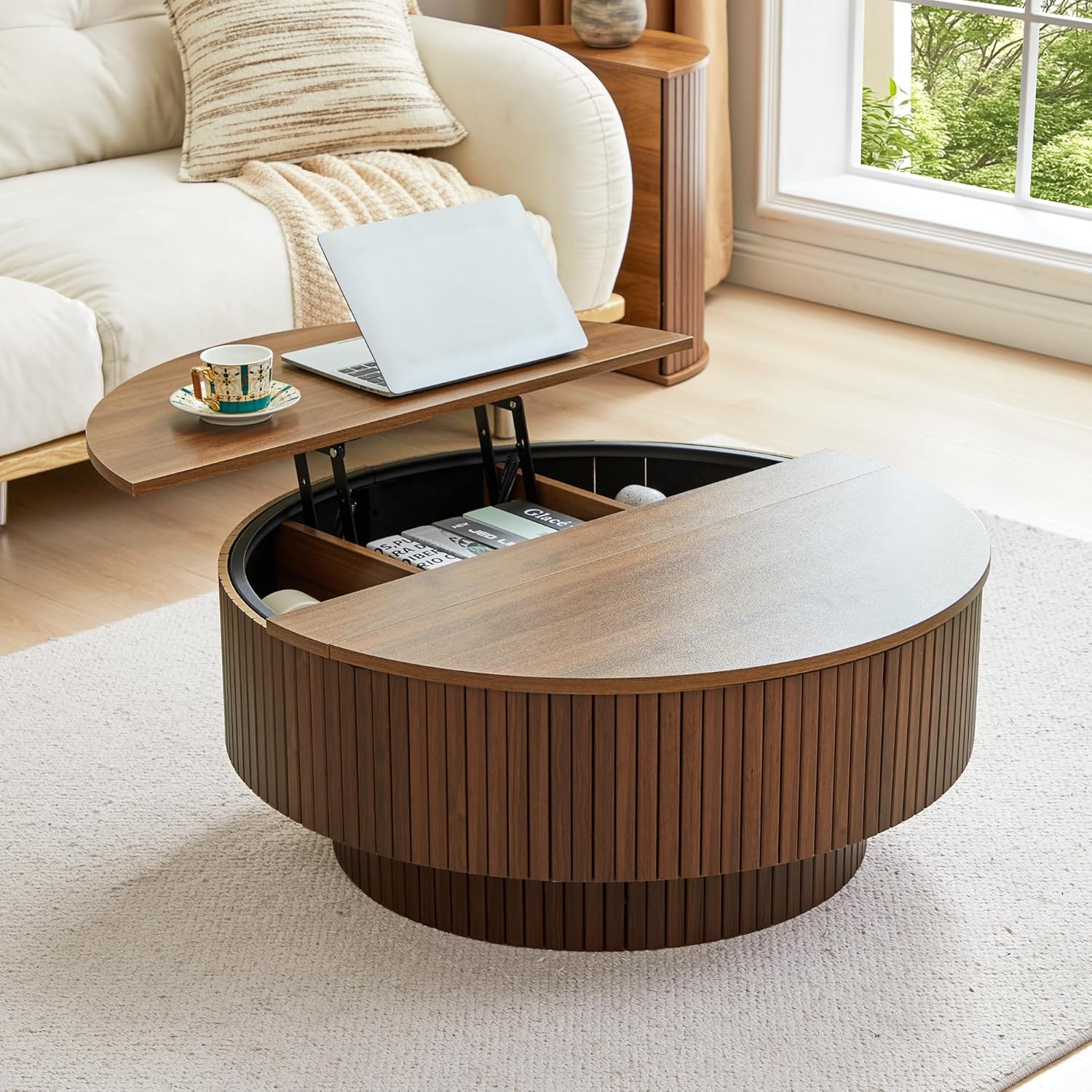 33" Round Coffee Table with Lift-Top & Flip-Top Storage, Modern