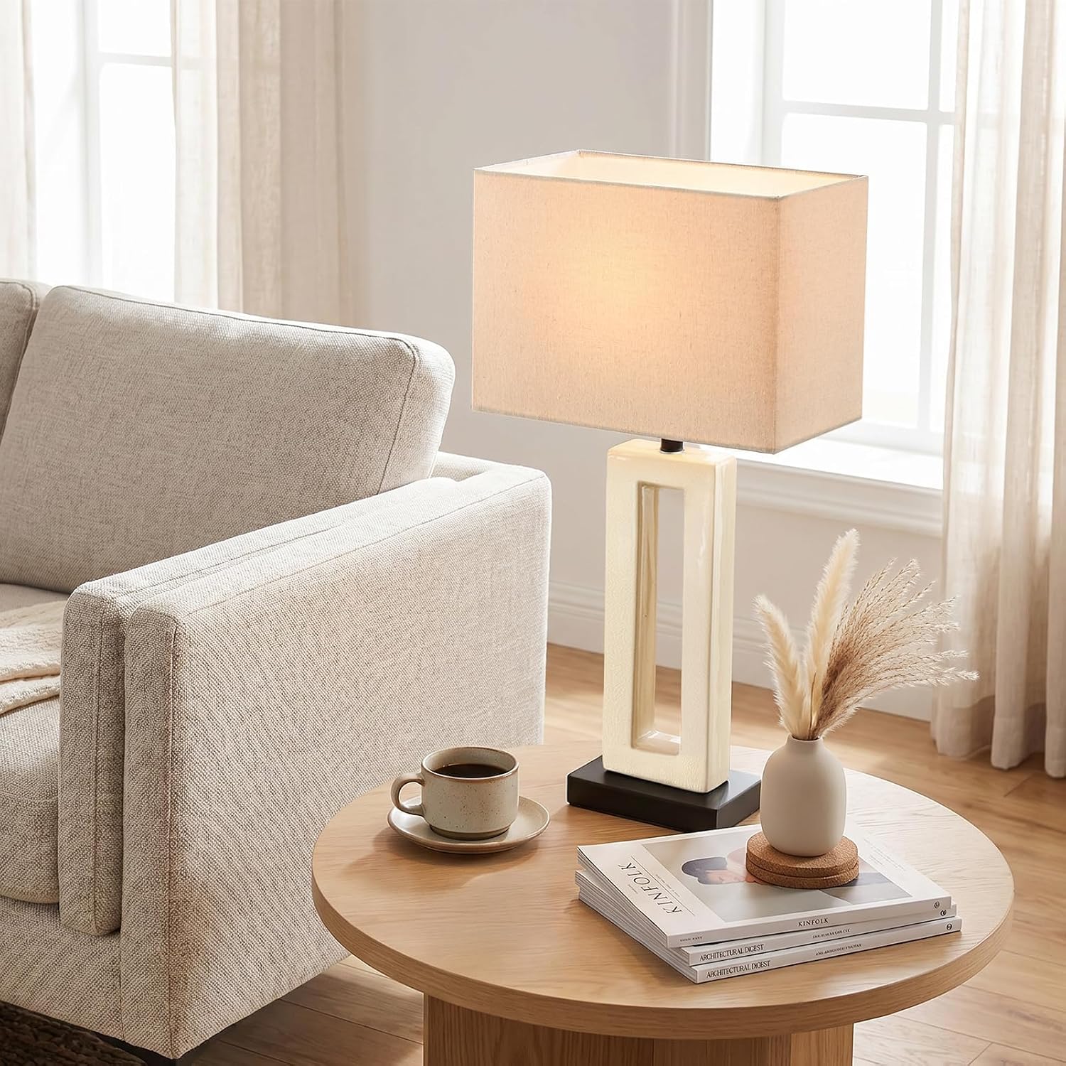 22" Modern Ceramic Table Lamps Set of 2, Cream Crackle Glaze Hollow Bedside Lamps