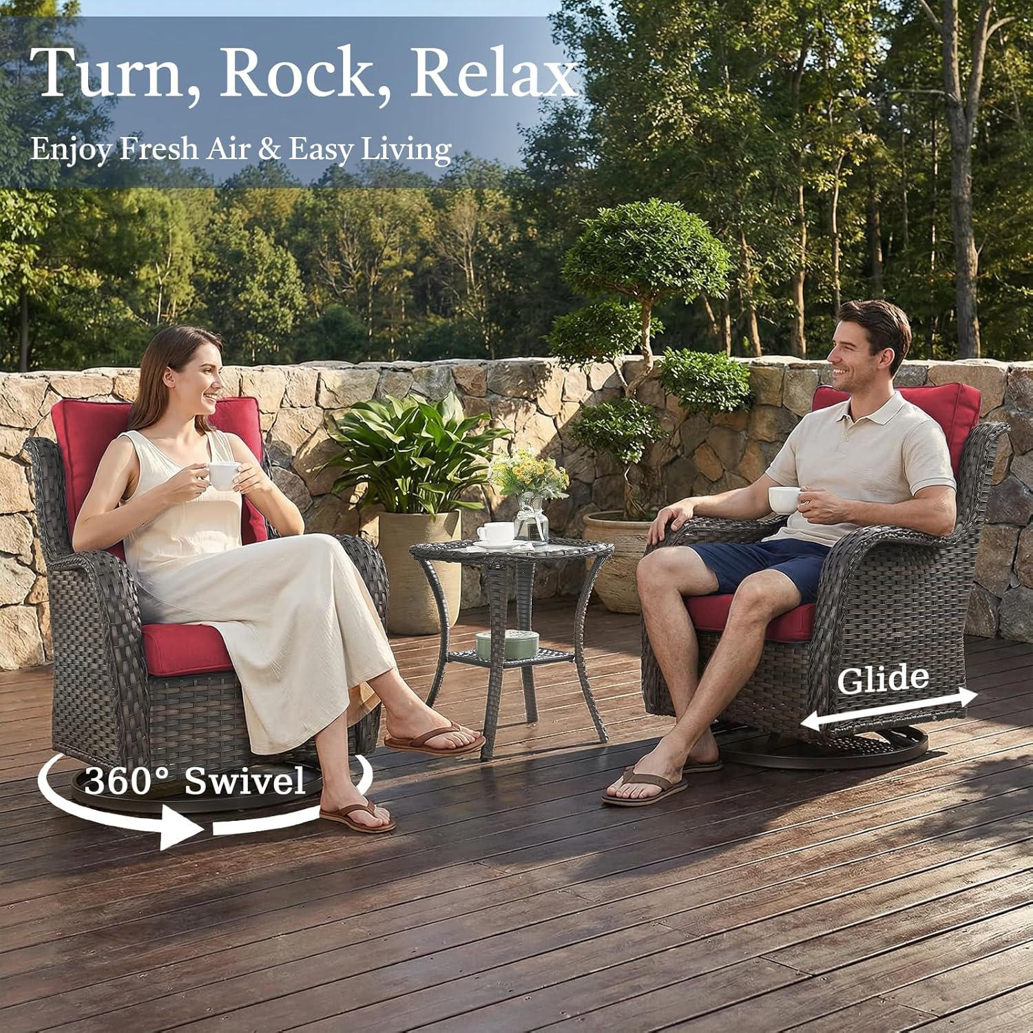 6 Piece Patio Furniture Set with Ottoman - All Weather Patio Conversation Set with 4 Inch Thick Cushions