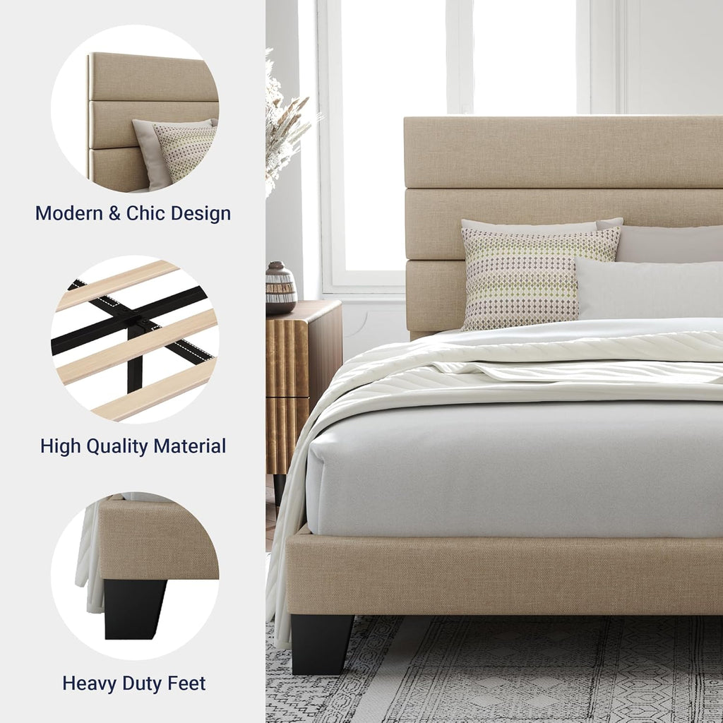 Allewie Queen Size Platform Bed Frame with Fabric Upholstered Headboard and Wooden Slats