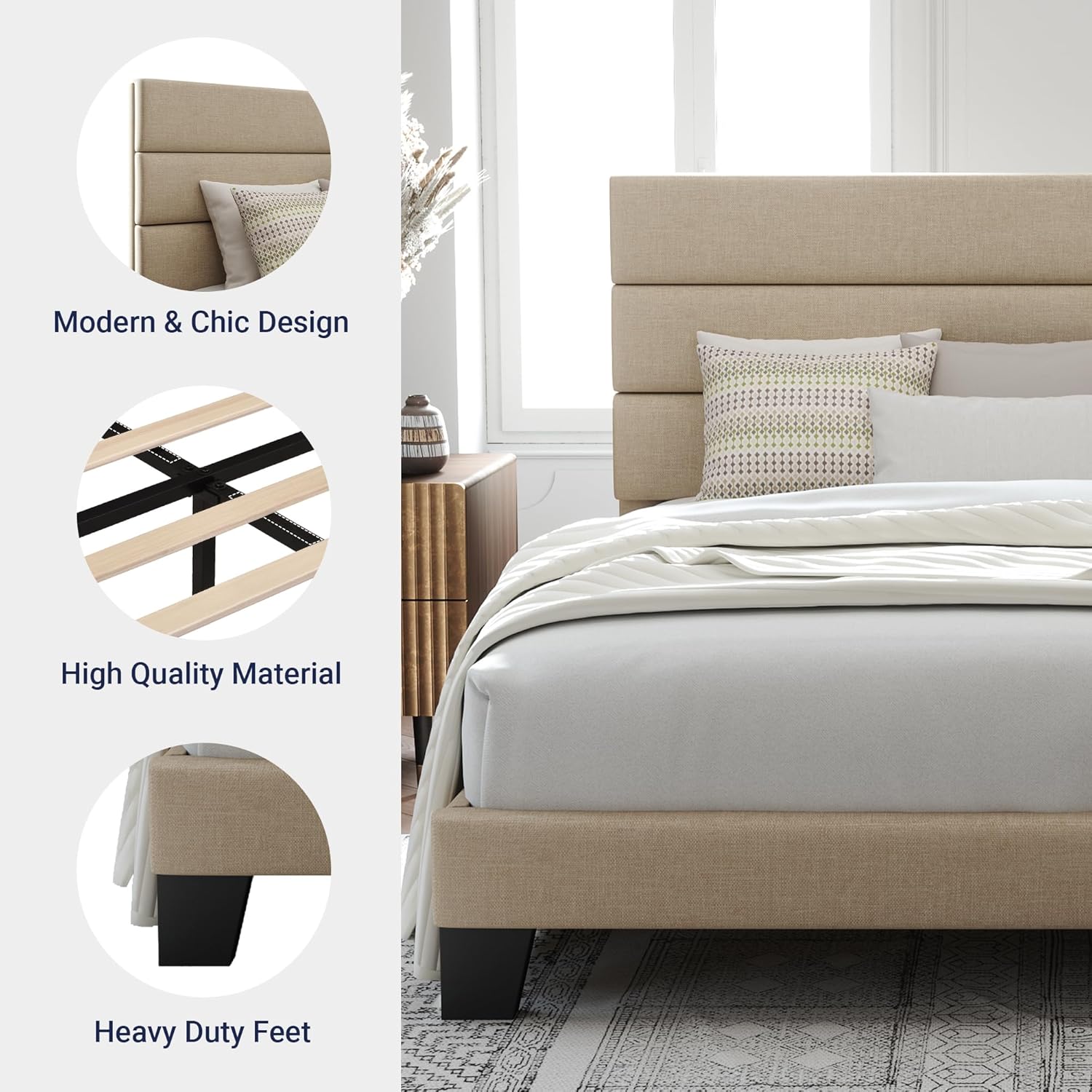 Allewie Queen Size Platform Bed Frame with Fabric Upholstered Headboard and Wooden Slats