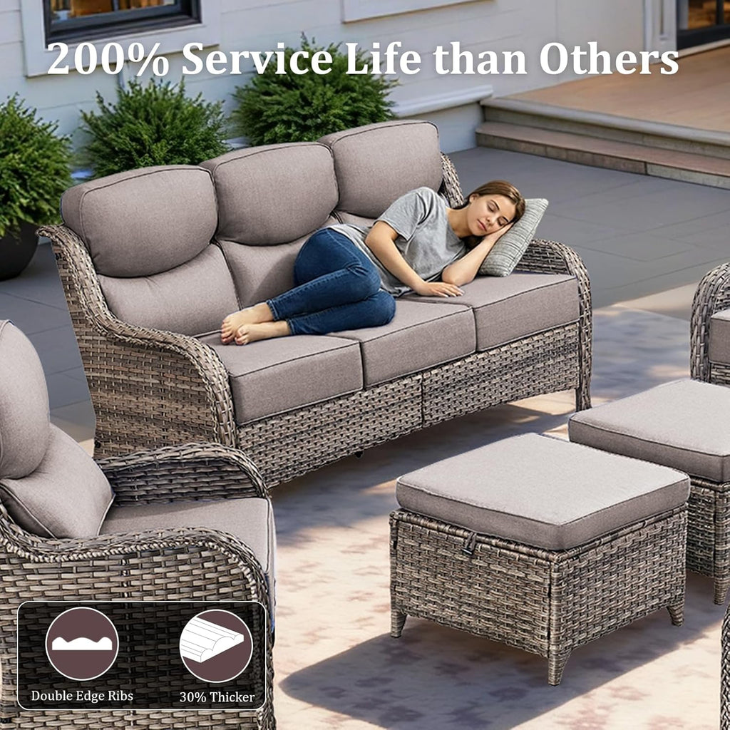 Luxury Patio Furniture Set with 42.5" Fire Pit Table, 6 Pieces High Back All Weather Wicker Outdoor Furniture w/ 6-Inch Thick Cushions
