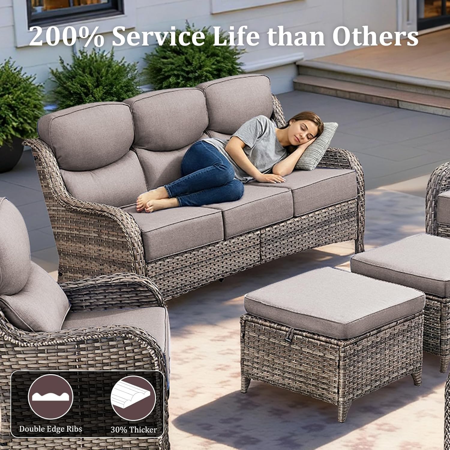 Luxury Patio Furniture Set with 42.5" Fire Pit Table, 6 Pieces High Back All Weather Wicker Outdoor Furniture w/ 6-Inch Thick Cushions