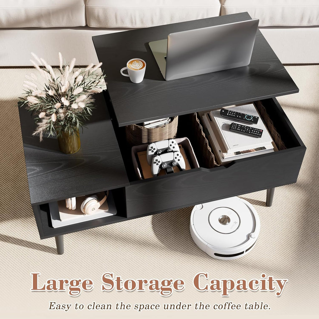 OLIXIS Wood Lift Top Coffee Table with Hidden Compartment and Large Storage Shelf