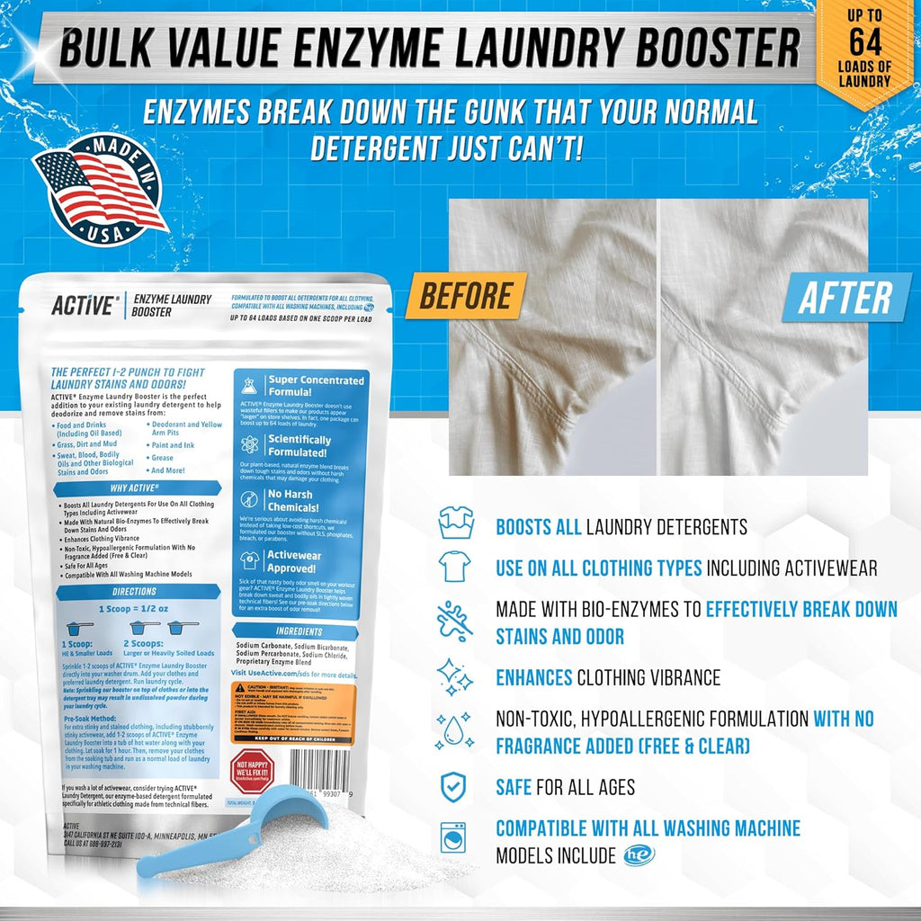 Enzyme Laundry Booster Odor Remover - 2 lbs Unscented Enzymatic Clothes Stain Cleaner Powder