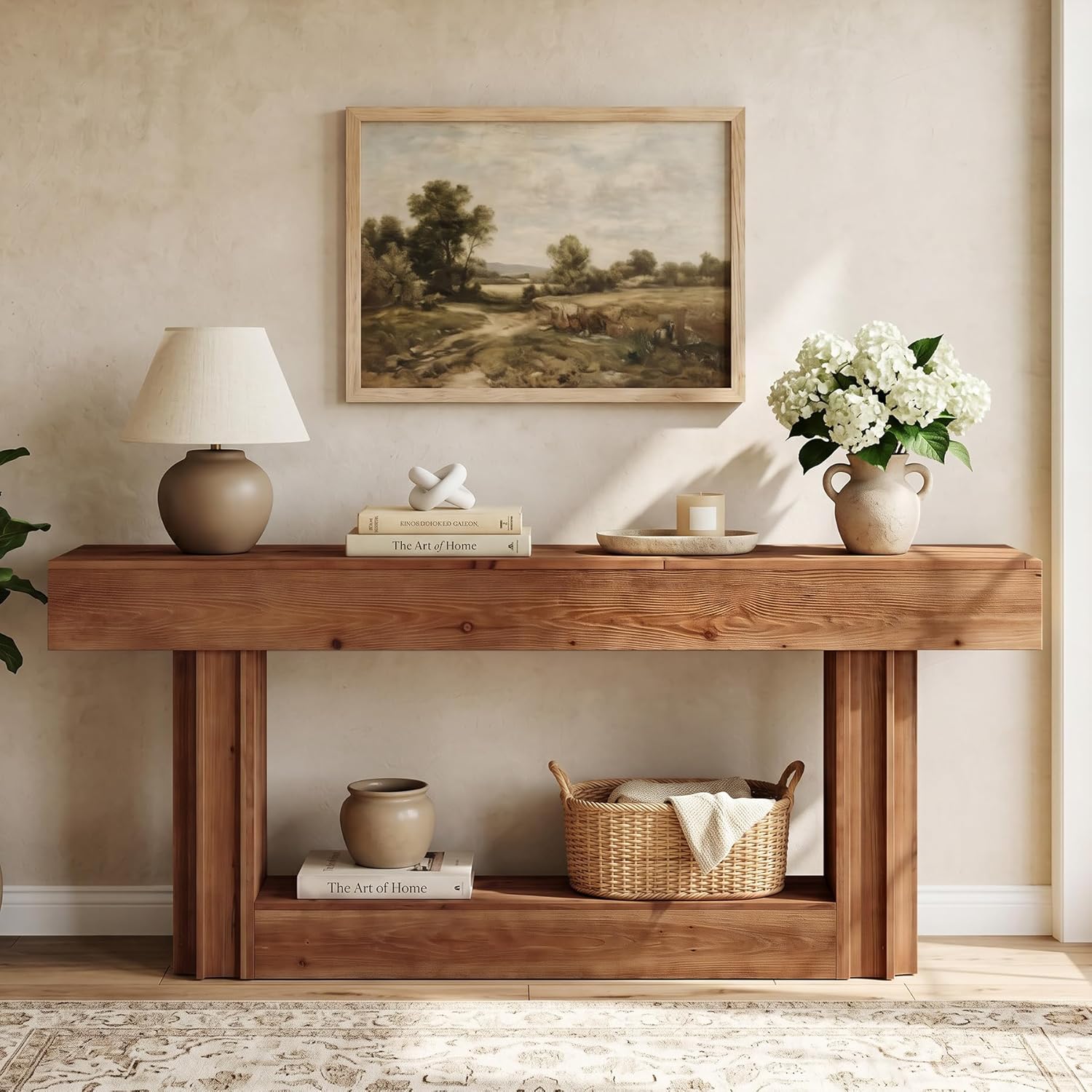 63-Inch Farmhouse Solid Wood Sofa Console Table, Narrow Long 2-Tier Entryway Table with Lower Storage