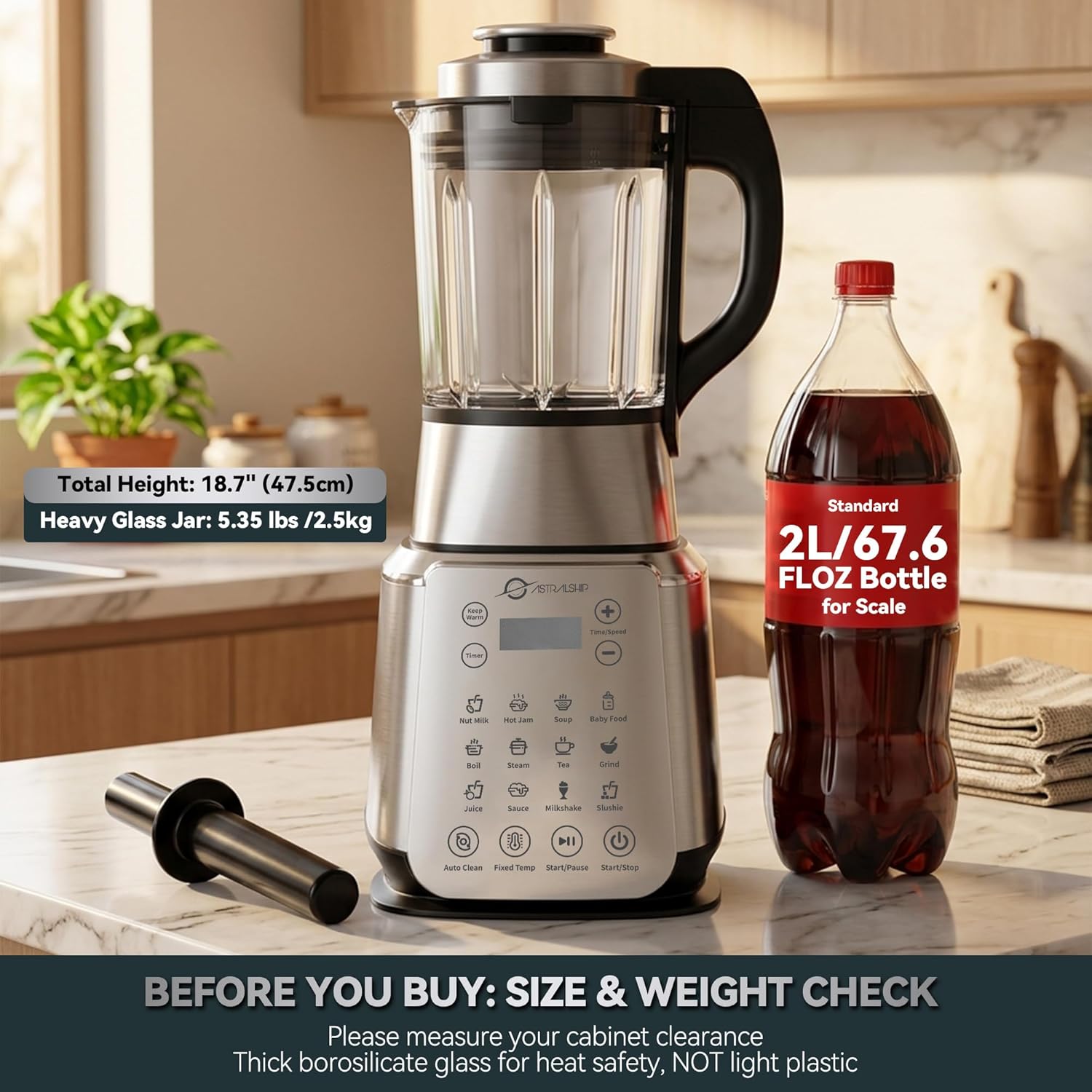 Glass Blenders for Kitchen – Stainless Steel Professional Blender for Smoothies 1500W Motor