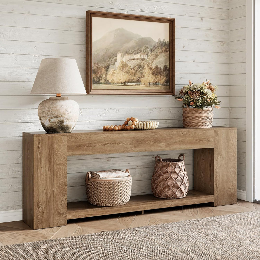 86-Inch Extra Long Console Table for Entryway, Farmhouse Sofa Table Behind Couch Wooden, 2-Tier Entry