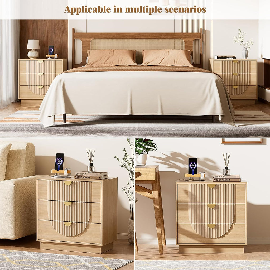 3 Drawer Nightstand with Charging Station,28" Fluted Night Stand & Modern Bedside Table