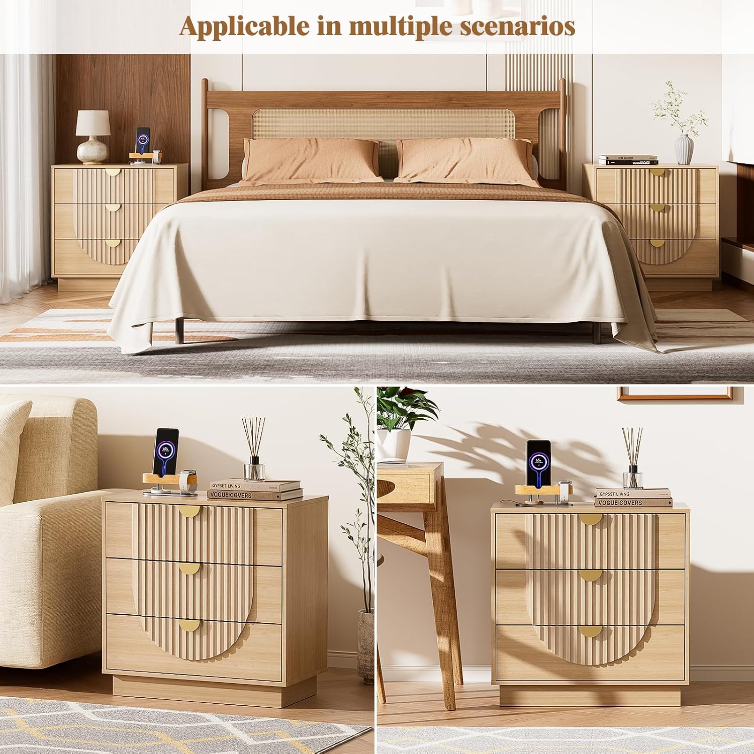 3 Drawer Nightstand with Charging Station,28" Fluted Night Stand & Modern Bedside Table