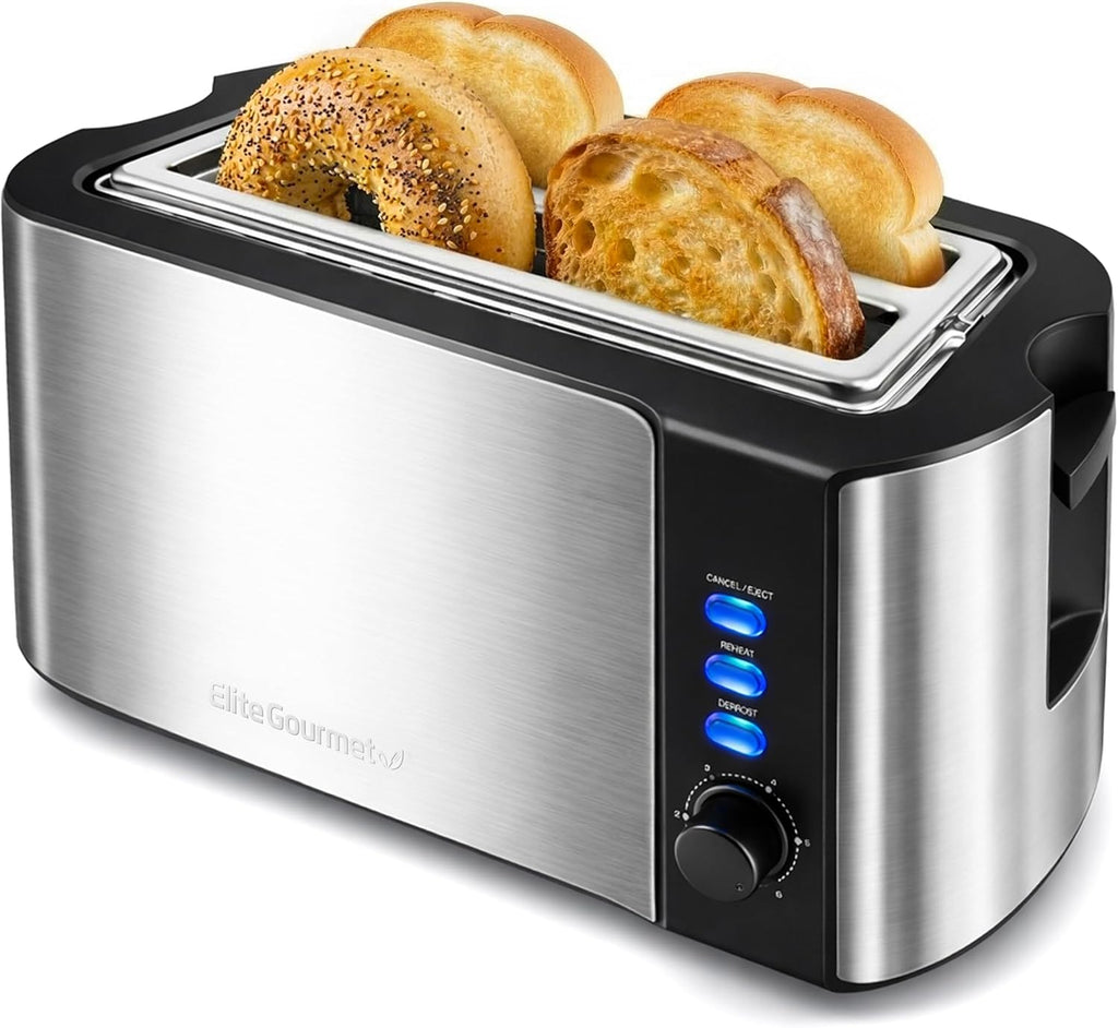 Elite Gourmet ECT-3100 4-Slice Long Slot Toaster | Extra Wide Slots for Bagels, Sourdough & Texas Toast