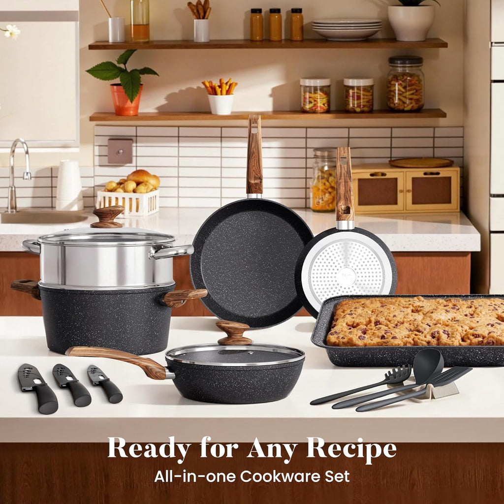 Kitchen Induction Cookware & Bakeware Set - 30 Piece Black Granite Cooking Pans Set