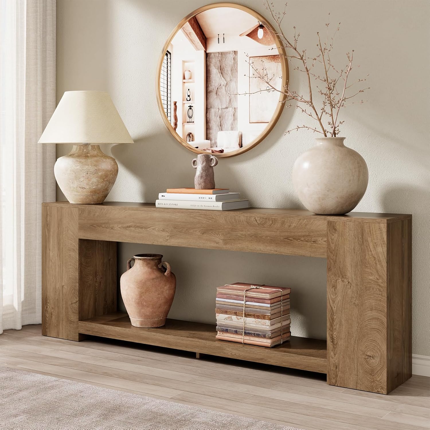 86-Inch Extra Long Console Table for Entryway, Farmhouse Sofa Table Behind Couch Wooden, 2-Tier Entry