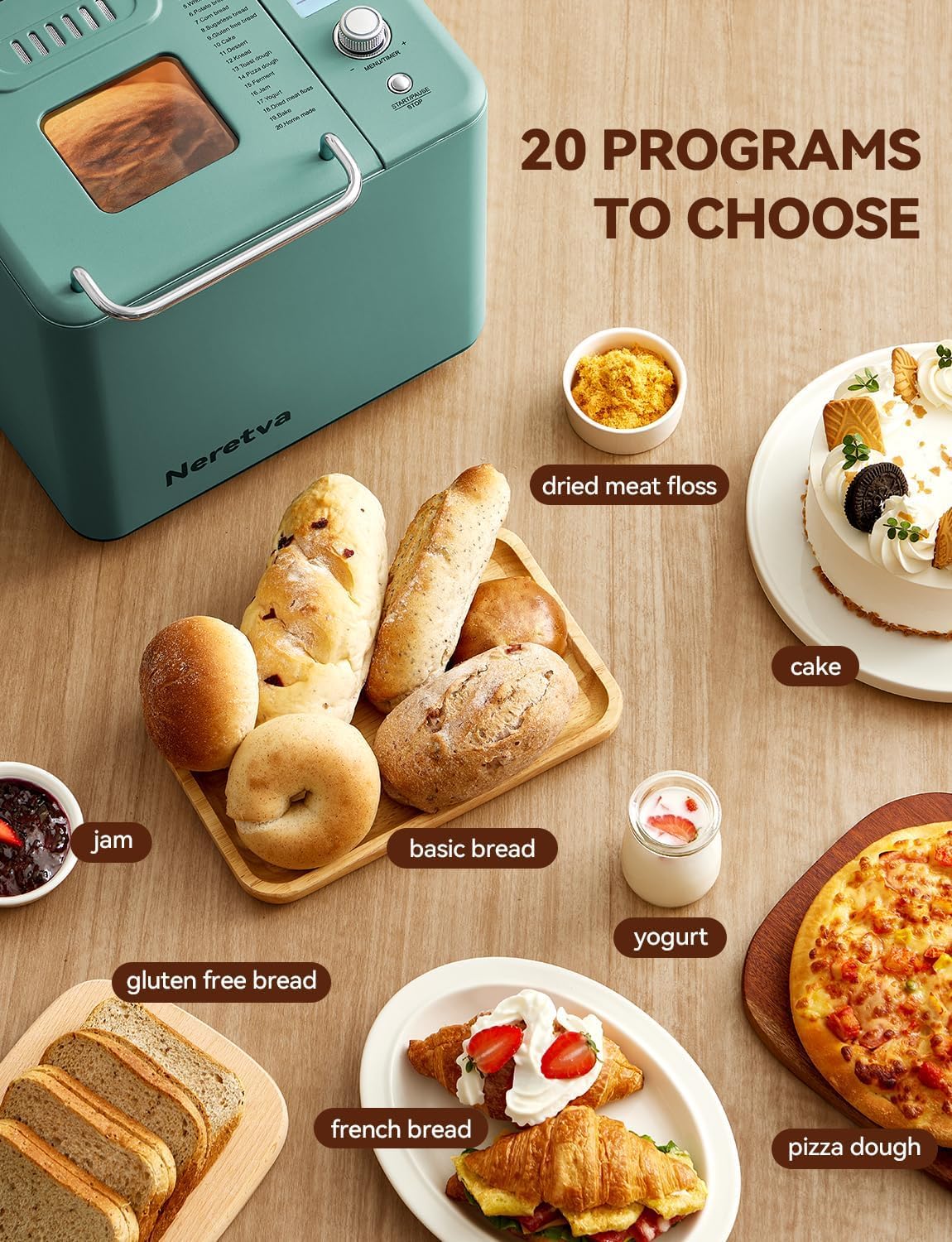 Neretva Bread Maker, 20-IN-1 2LB Bread Machine Dual Heater Bread