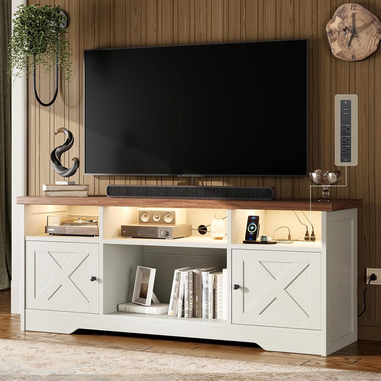 Casaottima TV Stand for 65 Inch TV, Farmhouse Entertainment Center with Power Outlet & LED Light