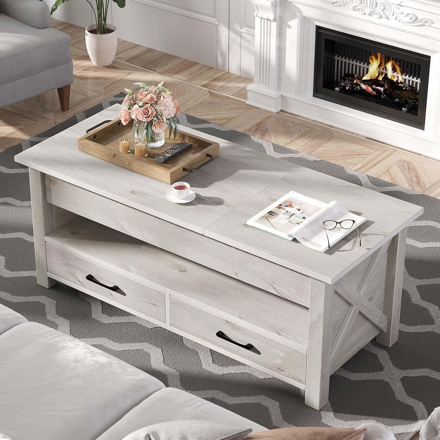 Seventable Coffee Table, 47.2" Lift Top Coffee Table with 2 Storage Drawers