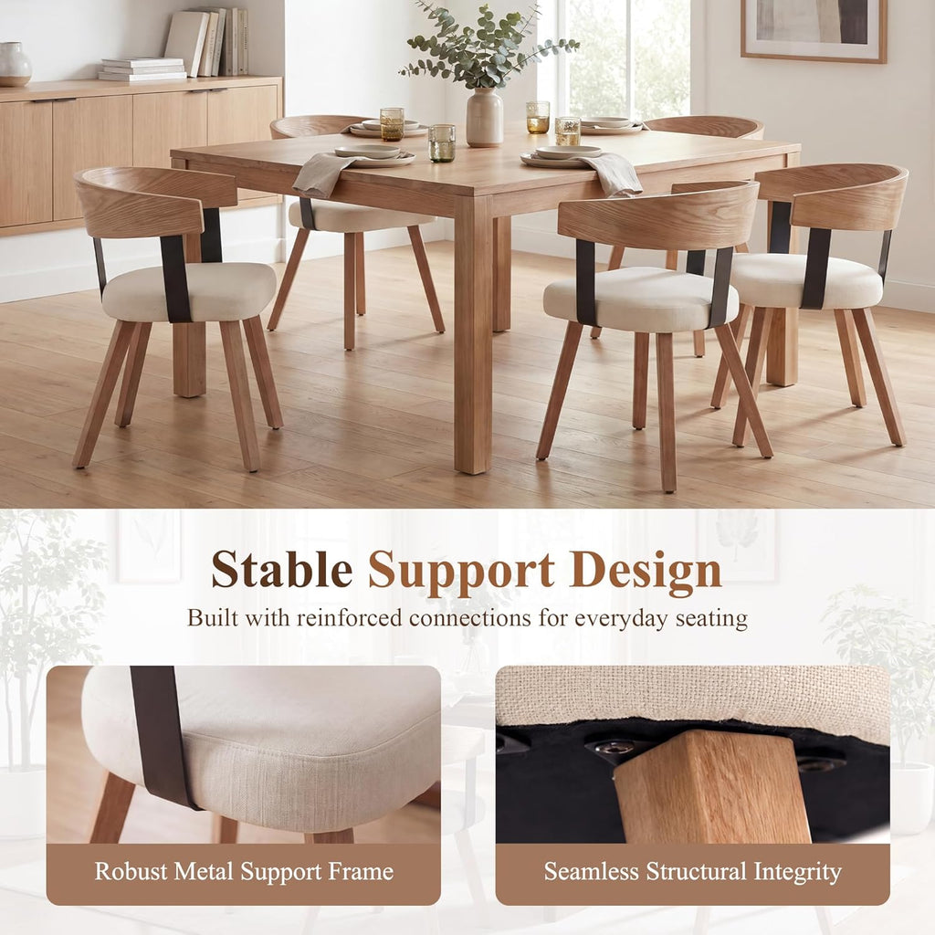 Wooden Dining Chairs Set of 4, Linen Fabric Upholstered Dining Room Chairs with Barrel Back, Modern Farmhouse Kitchen Chairs