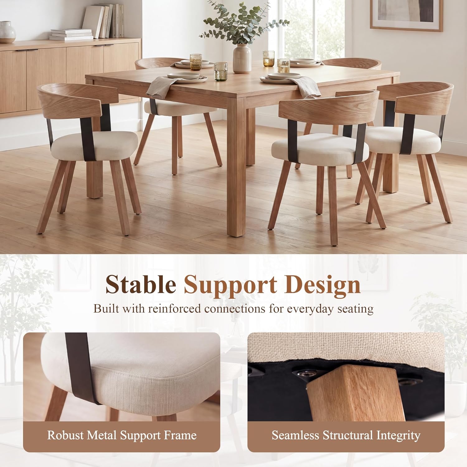 Wooden Dining Chairs Set of 4, Linen Fabric Upholstered Dining Room Chairs with Barrel Back, Modern Farmhouse Kitchen Chairs