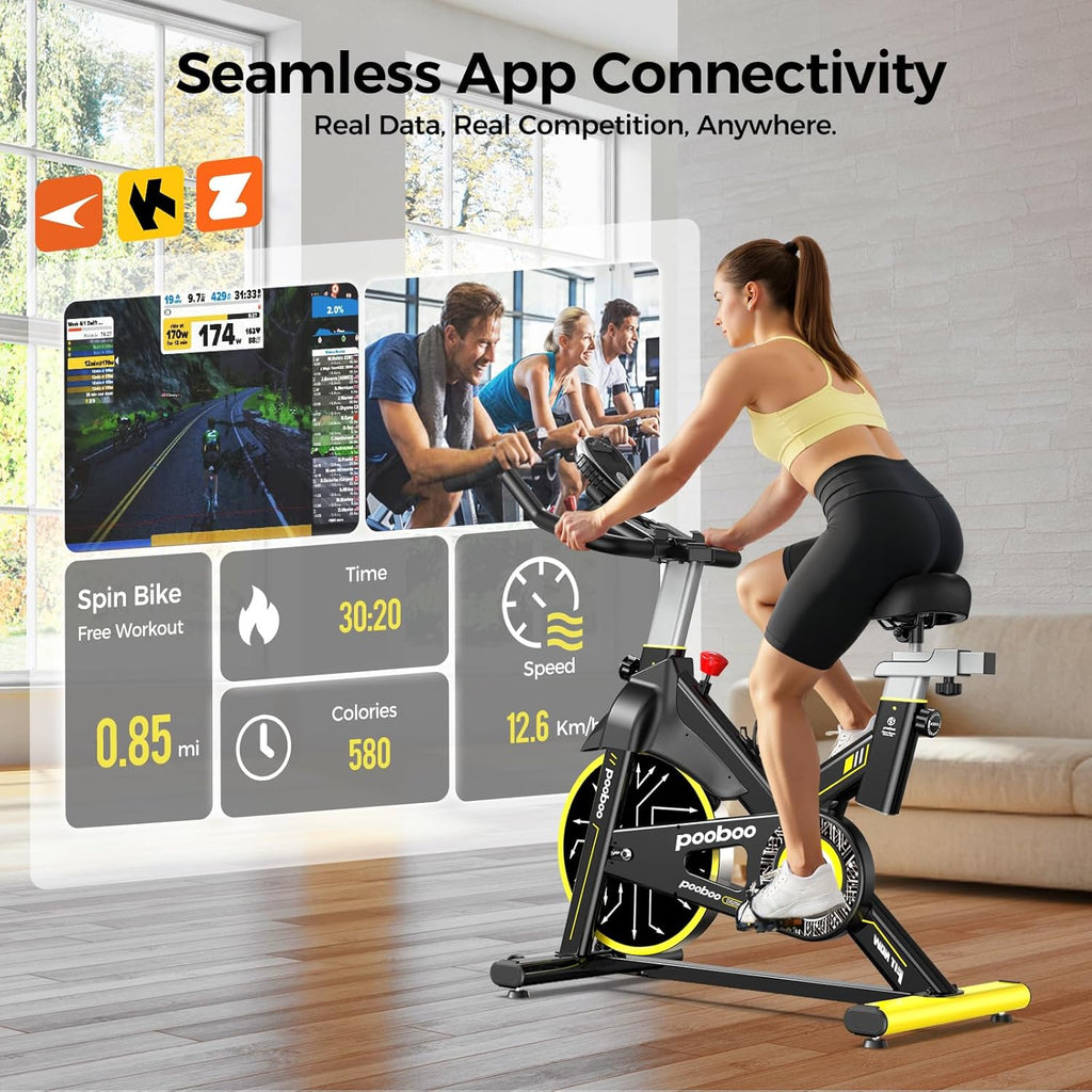 pooboo Exercise Bike, Brake Pad Stationary Bike for Home with Exclusive App
