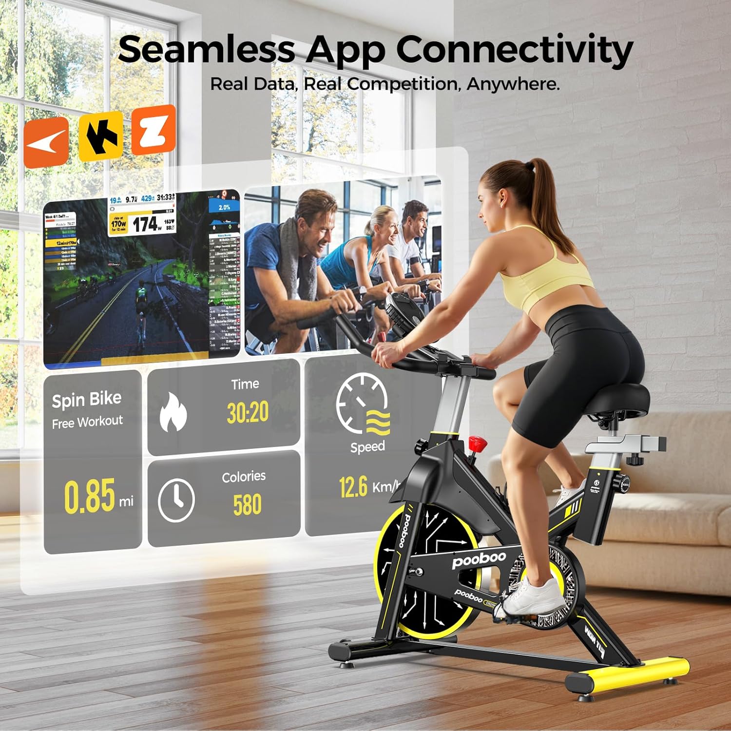 pooboo Exercise Bike, Brake Pad Stationary Bike for Home with Exclusive App