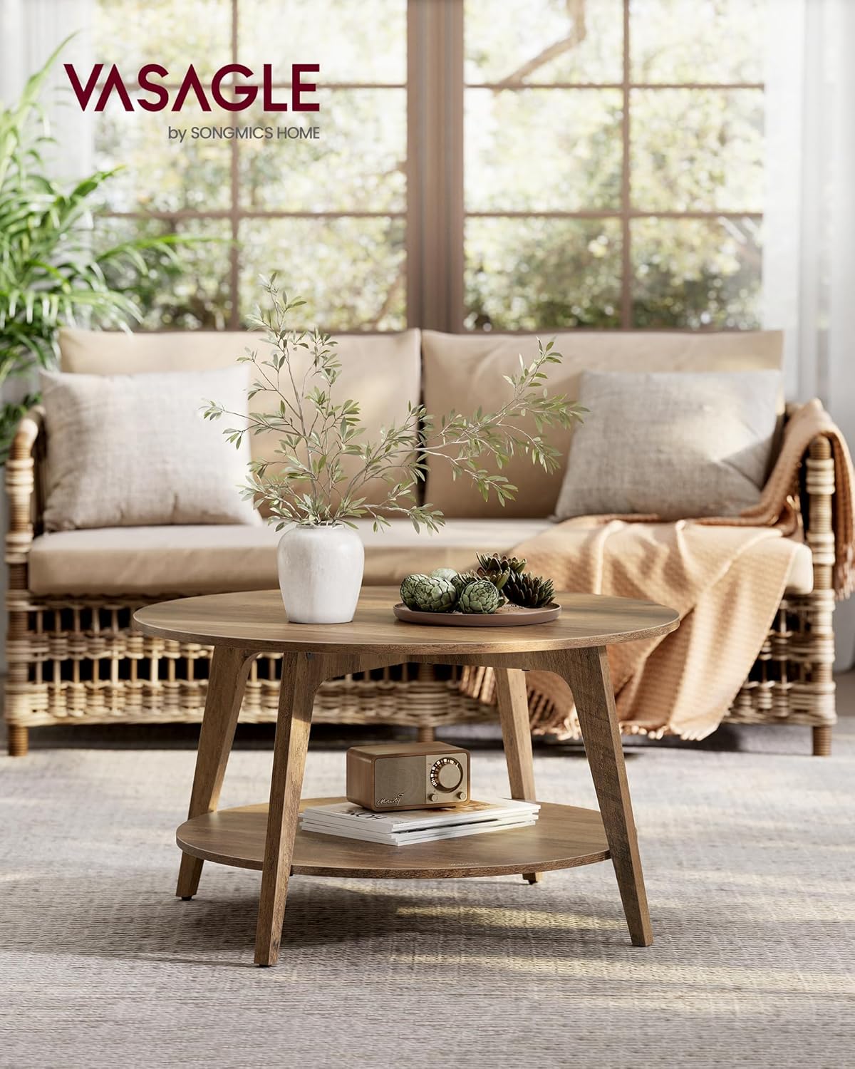 VASAGLE MAEZO Collection - Round Coffee Table, 2-Tier Center Table with Storage, Tapered Legs