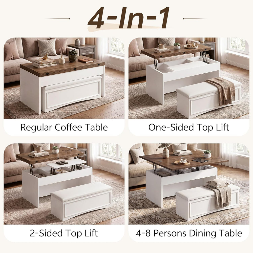 Lift Top Coffee Table Set with Storage Bench, 4-in-1 Convert Gaming/Reading/Dining Table, 40''