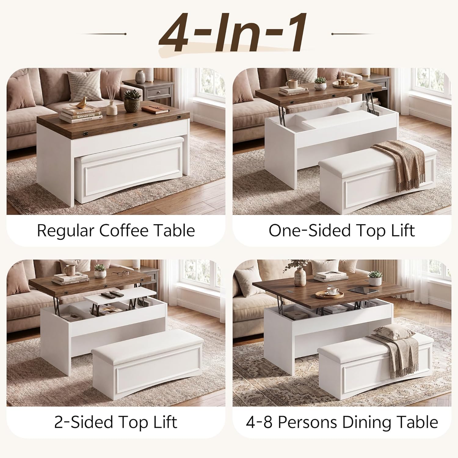 Lift Top Coffee Table Set with Storage Bench, 4-in-1 Convert Gaming/Reading/Dining Table, 40''