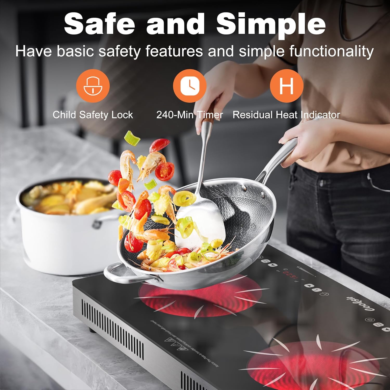 2 Burner Electric Cooktop - 24 Inch(22.2"x 13.1") Portable Electric Stove Top 110V, 2000W Countertop Two Burner Stove